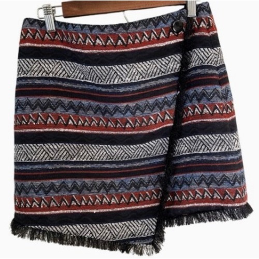 Sam Edelman Women's Size 8 Wrap Mini Skirt Woven Geometric Fringe Boho Fall - Picture 2 of 13